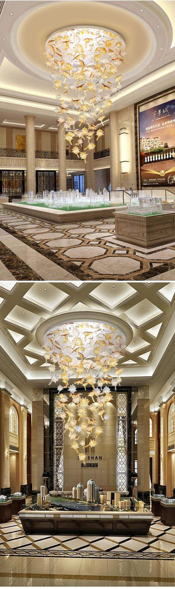Maple Leaf Shape Decoration Business Center Banquet Hall Custom Large Glass Gold LED Chandelier