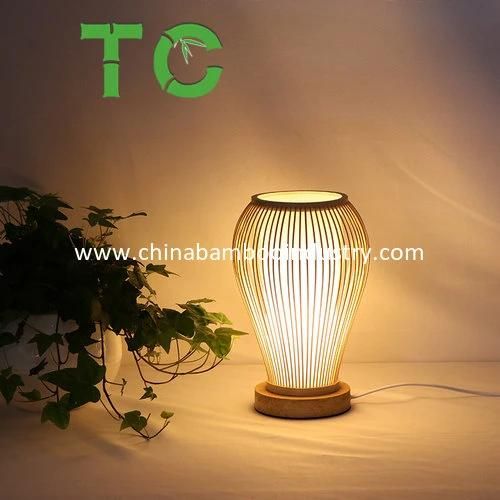 Bamboo Desk Table Lamp with Wood Base and Rattan Weave Lamp Shade for Hotel