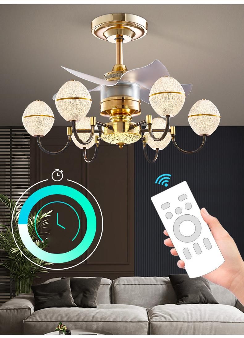 Nordic Copper Ceiling Fan Light Glass Crystal Chandelier Household Living Room Dining Room Fan with Light Remote Control
