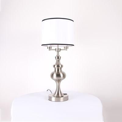 White Fabric Shade and Stain Nickel Metal Lamp Body Table Lamp.