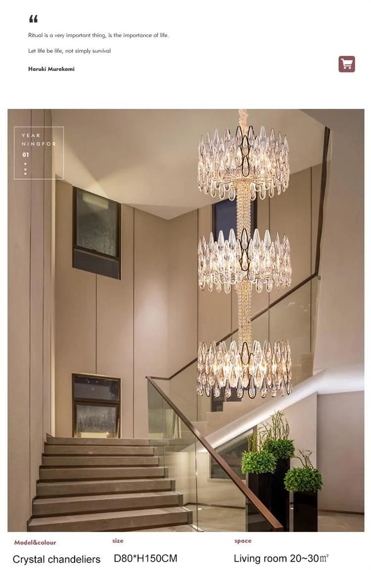Hotel Home Decor Indoor Luxury Art Design Hanging Light Modern Gold Three Layers Stairwell Crystal Pendant Lamp
