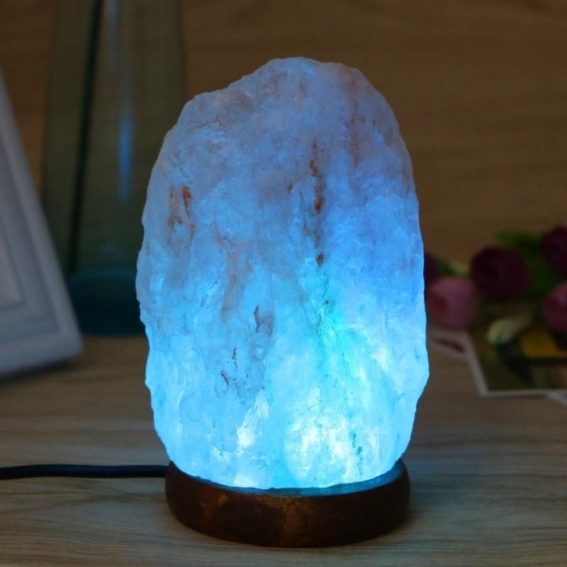 Hand Carved USB Wooden Base Himalayan Rock Salt Stone Lamp Air Purifier Night Light