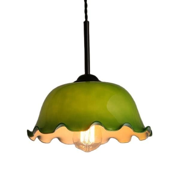Nordic Green Lacework Pendant Light Glass Flower Hanging Lighting Fixture for Home