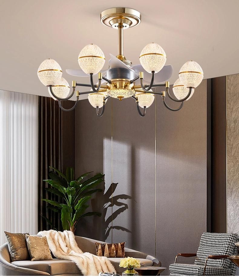 Modern Gold Copper Glass Ball LED Ceiling Fan Lamp Remote Control Ceiling Fan Lights