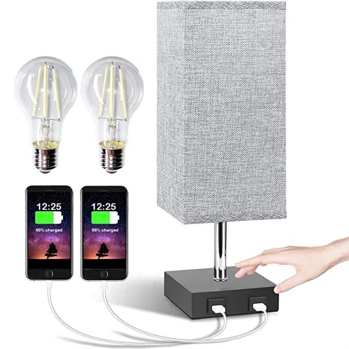 Bedside Lamp Touch Control Table Lamp with USB a+C Charging Ports & AC Outlet 3-Way Dimmable Nightstand Lamp with Linen Fabric Shade for Bedroom Living Room