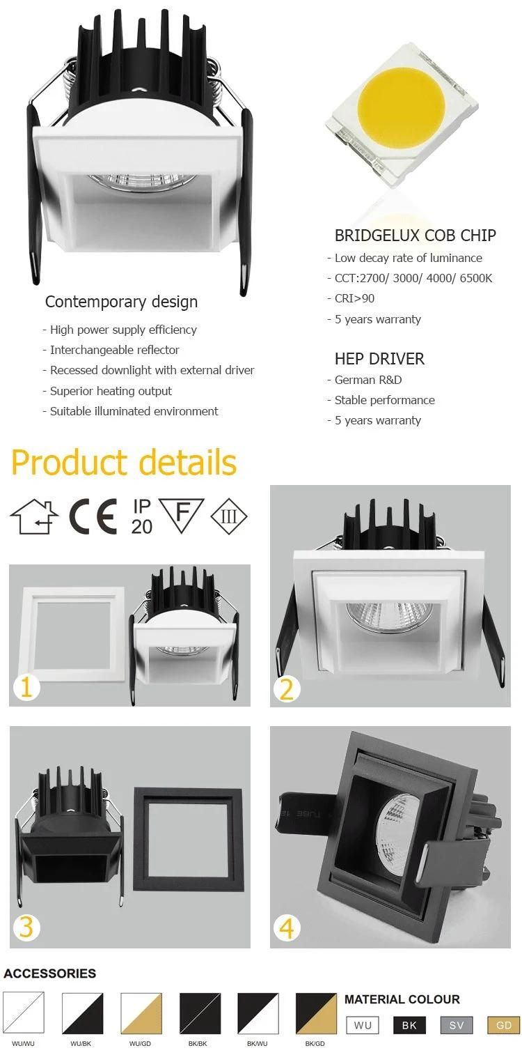 Aluminum Housing Waterproof IP44 4000K Single Head Square CCT COB Dimmable Recessed LED Downlight