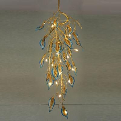 2022 New Meerosee Crystal Feathers Light Fixtures Large Copper Chandelier Long Brass Colorful Leaves Lamp Branch Light