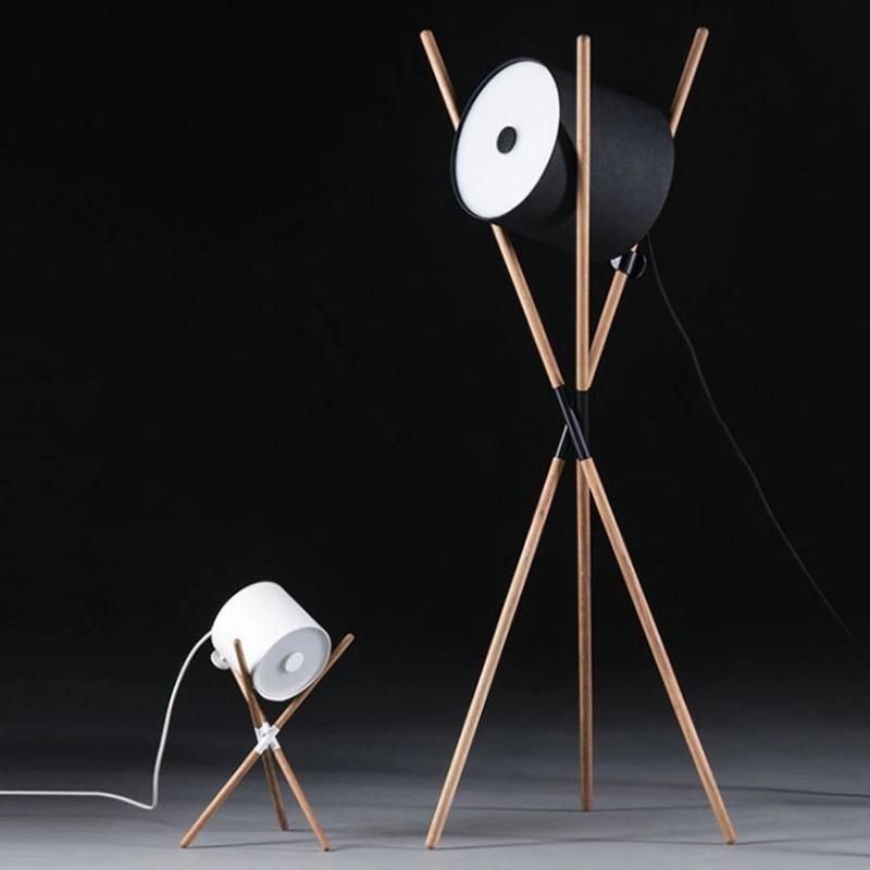 Designer Walnut Solid Wood Three Corner Table Lamp Nordic Lying Drum Model Room Creative Post Modern Three-Legged Leather Floor Lamp
