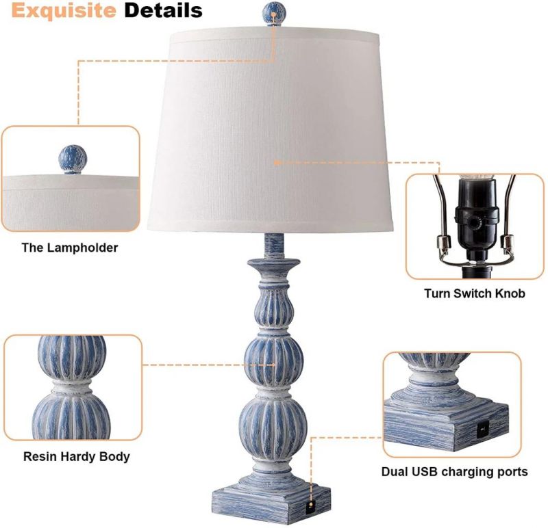 Farmhouse Table Lamp Set of 2, Traditional Table Lamp with Dual USB Ports, Rustic Bedside Lamps with White Fabric Shade,