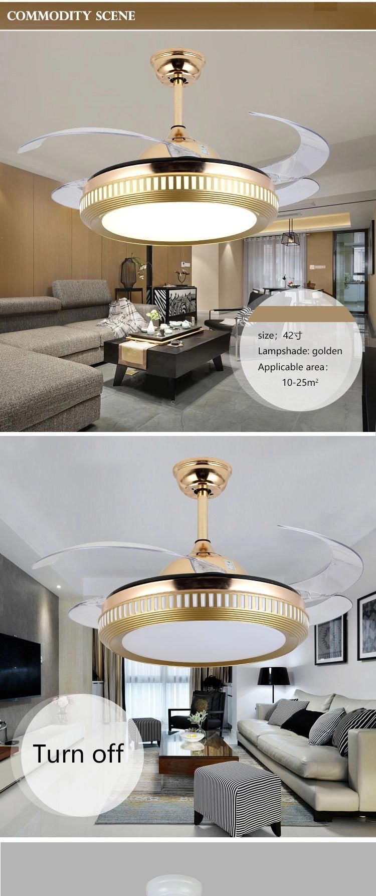 42 Inch Hidden Blades Retractable Invisible Crystal Chandelier Ceiling Fan Light