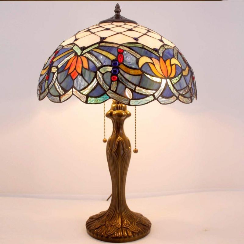 Tiffany Table Lamp Stained Glass Bedside Lamp Living Room Bedroom Tall Blue Lotus Luxurious Farmhouse Large Desk Light Industrial Retro Metal Base Memory Lam