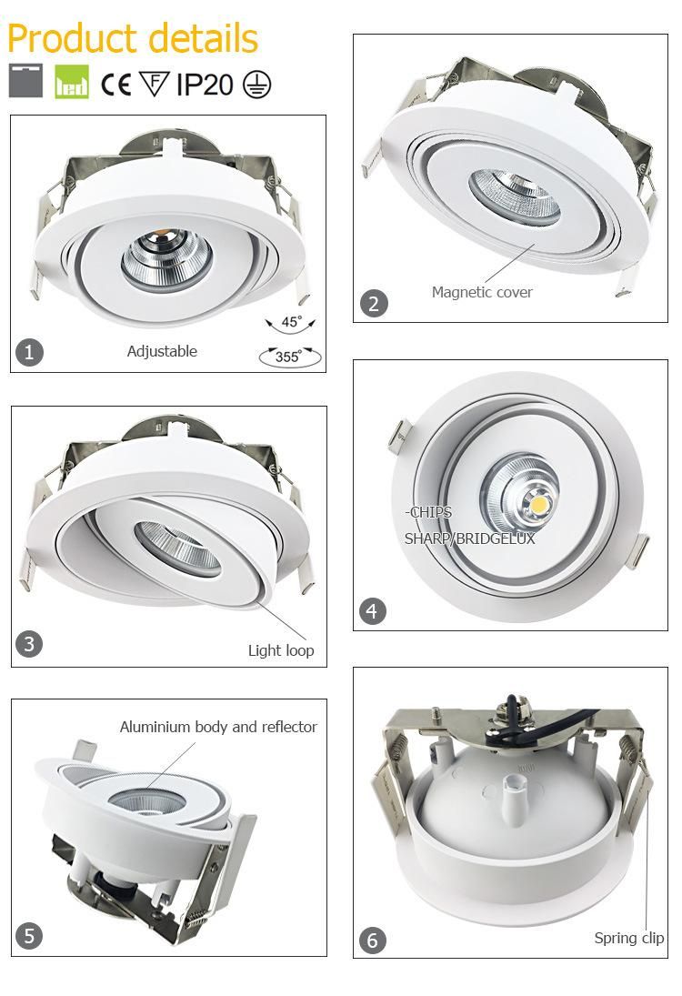 High Quality Hotel Indoor Fixtures Adjustable Aluminum Housing COB Recessed LED Downlight