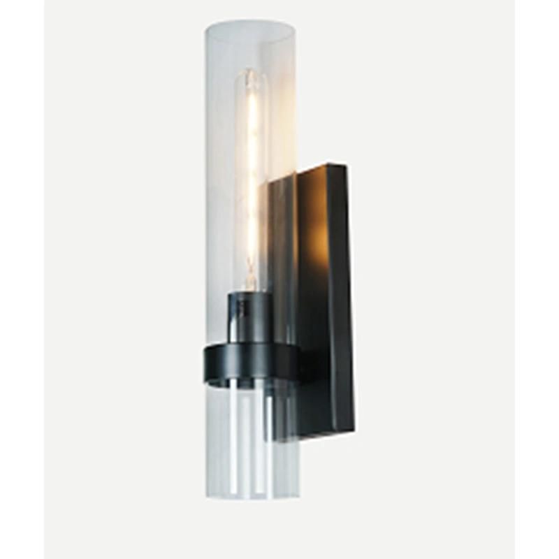 Clear Acrylic Tube Shade and Matte Black Metal Wall Plate Wall Lamp.