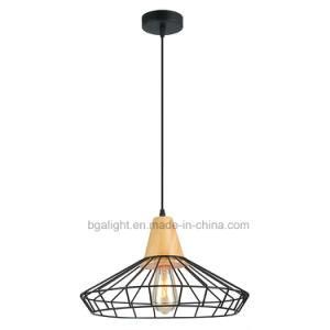 Wooden Base and Metal Cage Kitchen Pendant Lighting for Living Room, Lobby, Restaurant