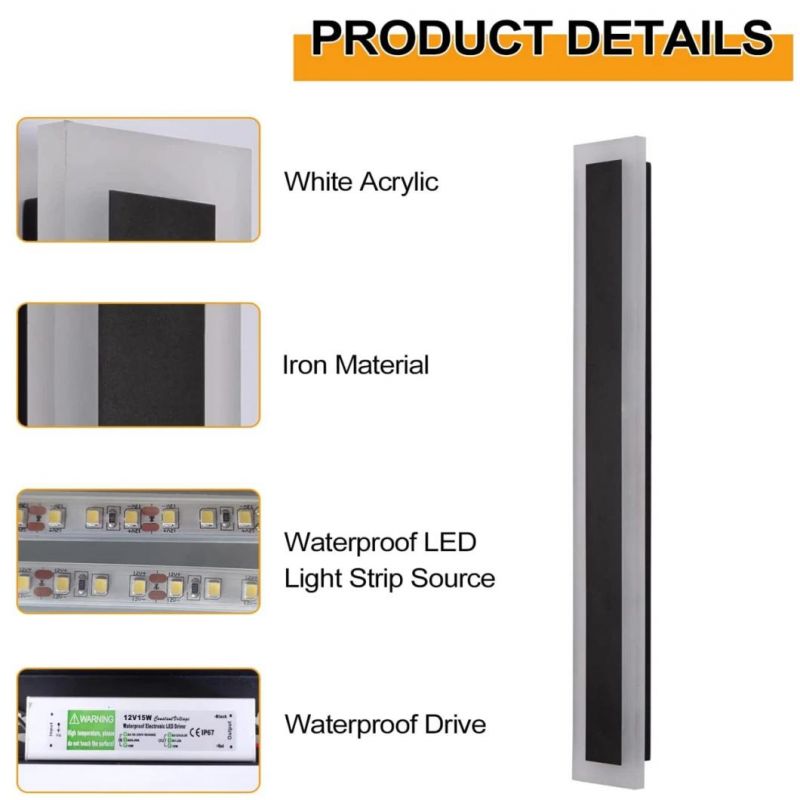 12W Outdoor Modern Wall Light LED Wall Sconce Fixture Rectangular Black Wall Lamp Elegant Frosted White Acrylic IP65 Anti Rust for Proch Background Wall