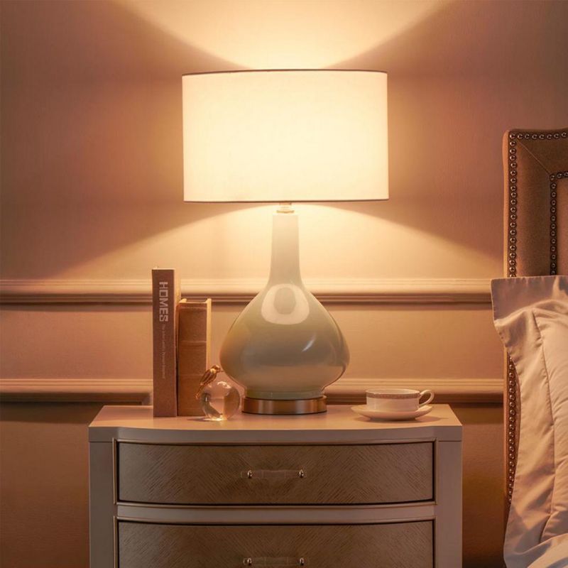 Green Ceramic Table Lamp Fabric Shade Cylinder Modern Bed Side Table Lamp