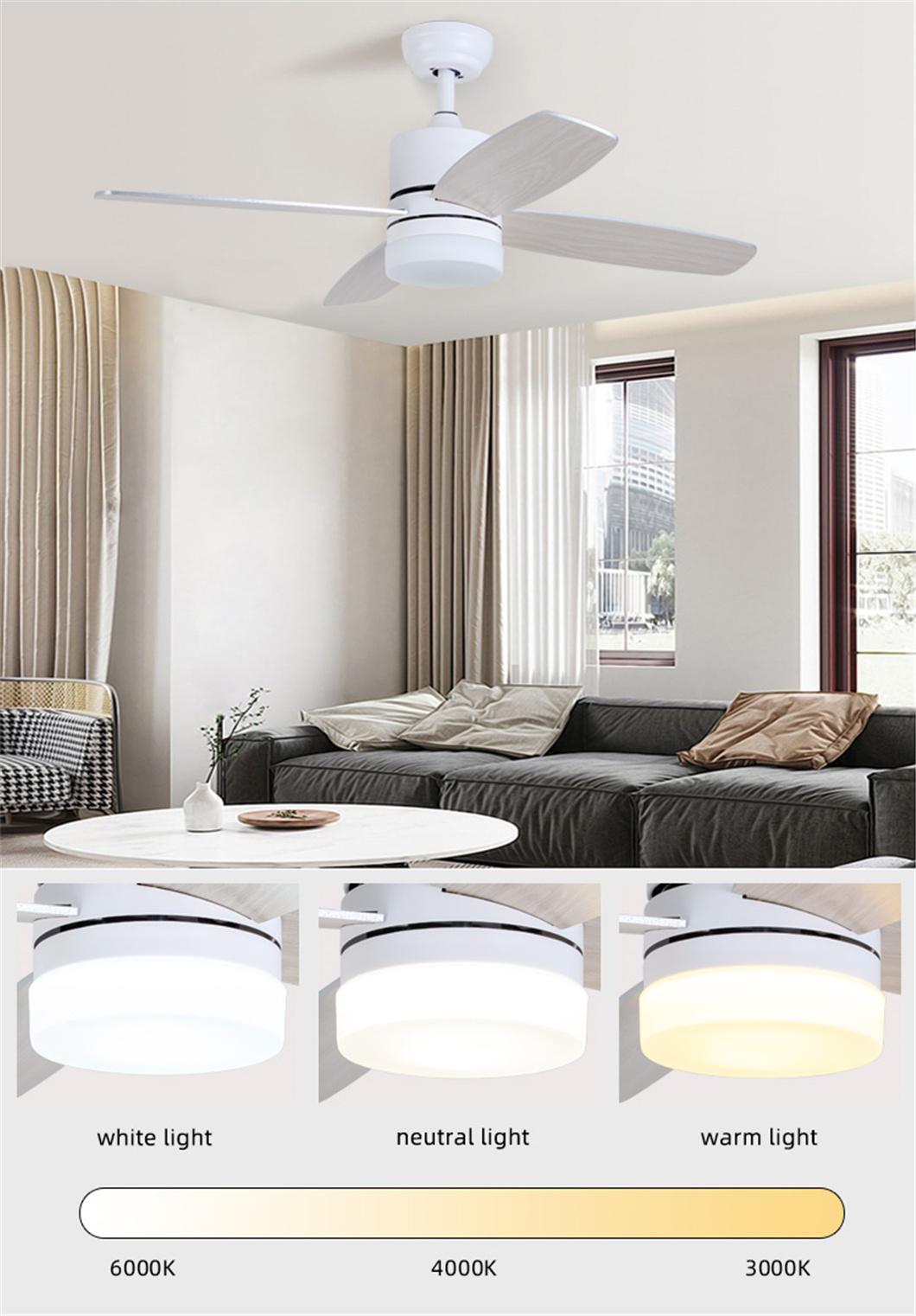 Hot Selling 48 Inch AC Motor 3 Blade 3 Colors LED Dimmable Save Energy Quiet Ceiling Fan Light for Bedroom