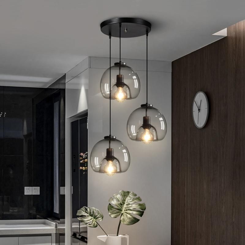 Nordic LED Pendant Lamp E27 Black Chandelier for Living Room Dining Room Kitchen Bedroom Modern Gray Glasslamp (WH-GP-32)