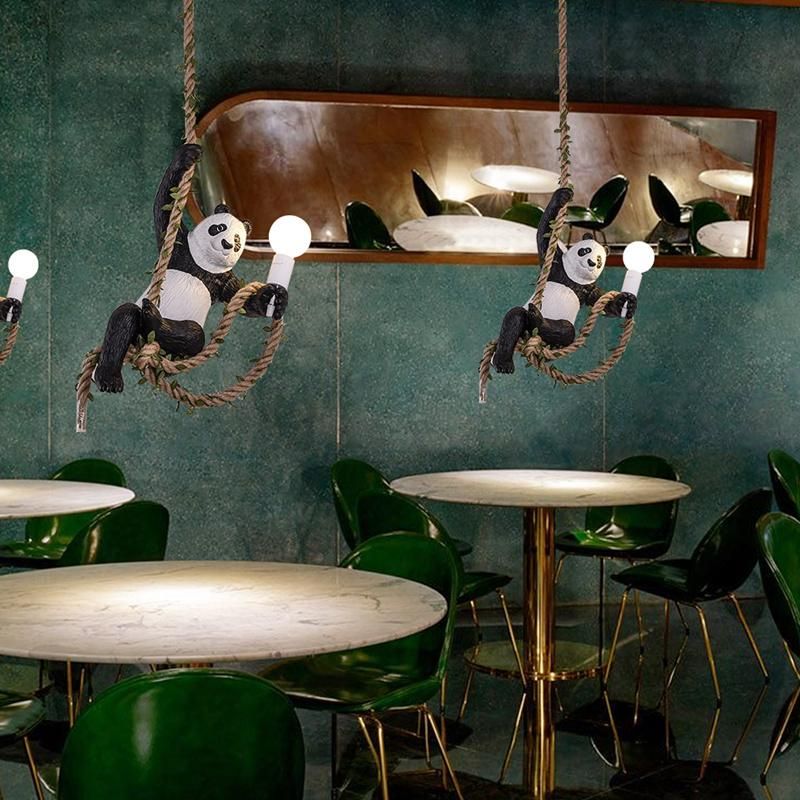 Vintage Resin Panda Chandelier Lighting Nordic Hemp Rope Light Panda Chandelier Zoo Decorative Lamp (WH-VP-149)