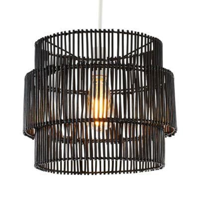 Matte Black Rattan Double Cylinder Easyfit Shade Pendant Lamp