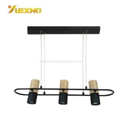 3-Light Wood Black Iron Round Hanging Chandelier Pendant Light
