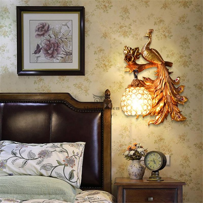 Vintage Creative Art Deco Peacock Resin Wall Lamp Gold Vanity Luxury Bedroom Wall Light (WH-OR-62)