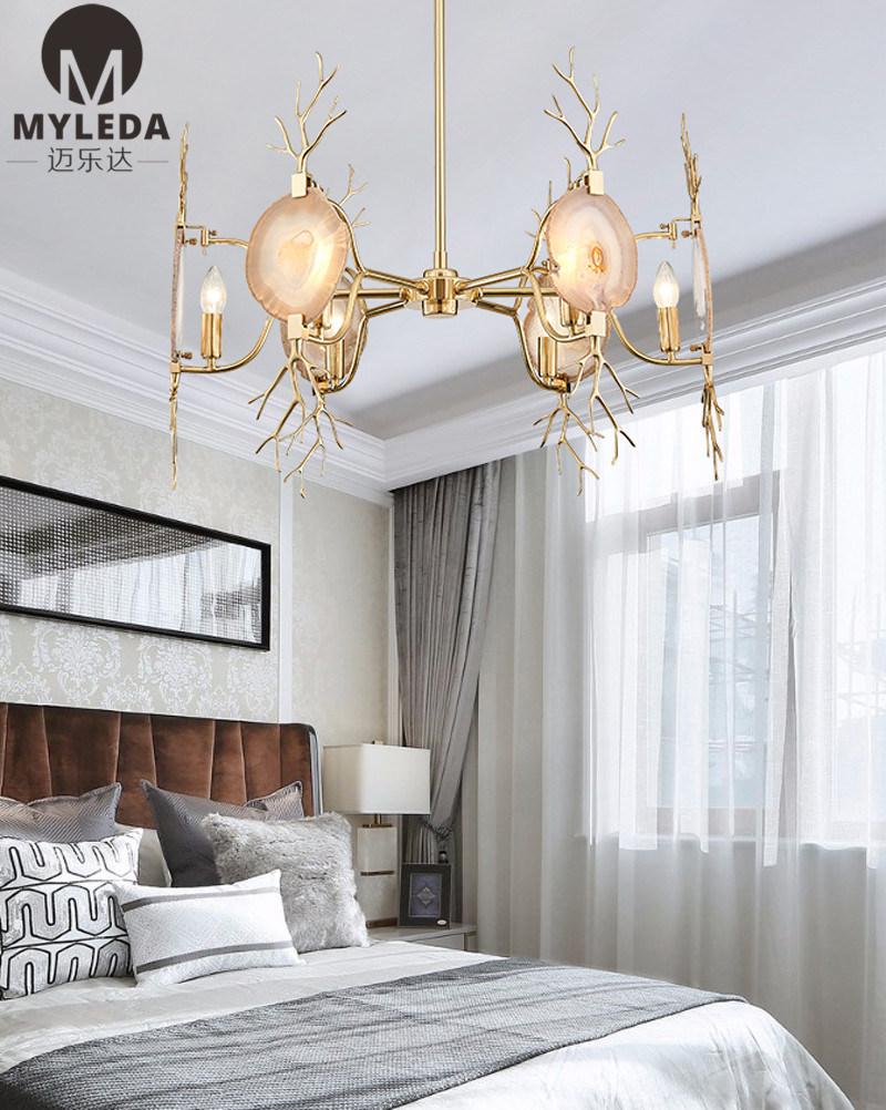 Modern Home Hanging Brass Agate Chandelier Pendant Lamp