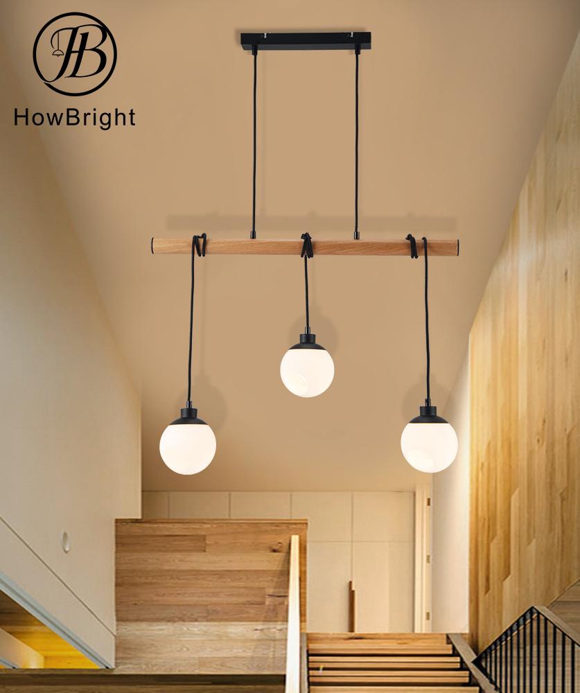 Industrial Nordic E14 Retro Indoor Lighting Lampara Colgante De Barra Decorative Ceiling Lamp Black Chandeliers Ball Glass Wooden Hanging Light 3 Lamps Light