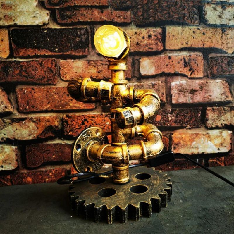Iron Gear Steam Punk Loft Table Lights Wood Lights Robot Retro Vintage Bedroom Table Lamp (WH-VTB-32)