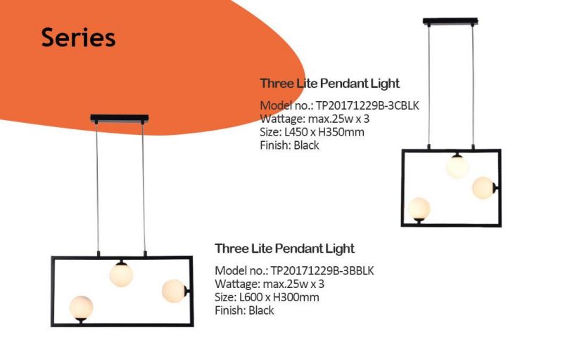 Three Lite Opal Ball Pendant Lamp with Black Rectangle Frame