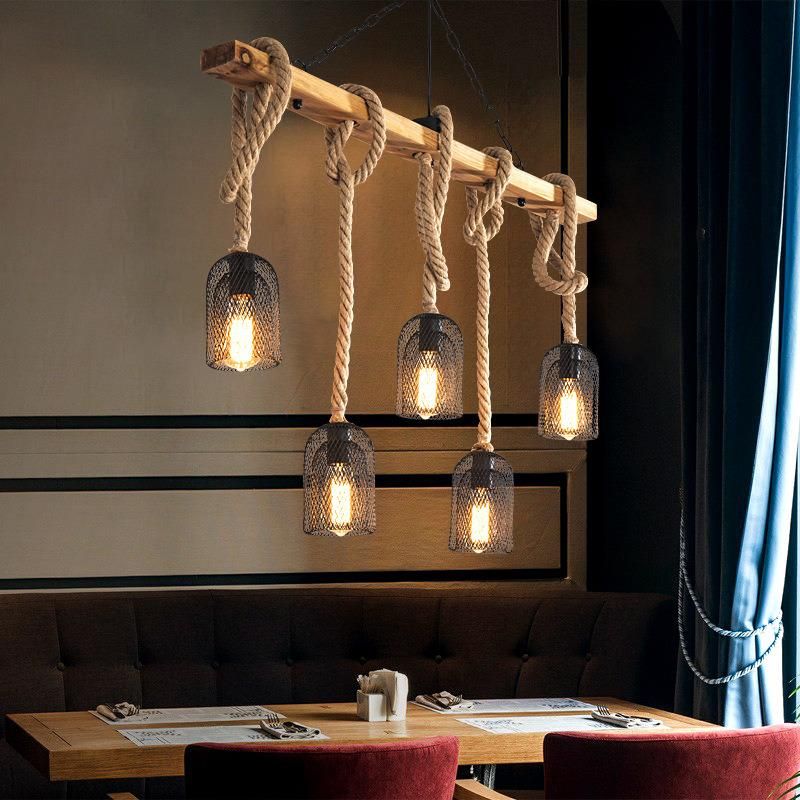 Loft Pendant Lamp Dining Room Restaurant Cafe Living Room Hemp Rope Wood Ceiling (WH-VP-134)