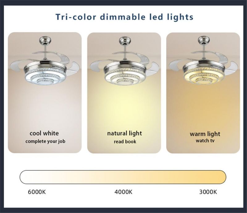 Modern 3 Speed Choice 3 Color Temperature K9 Crystal Lampshade LED Ceiling Fan Light