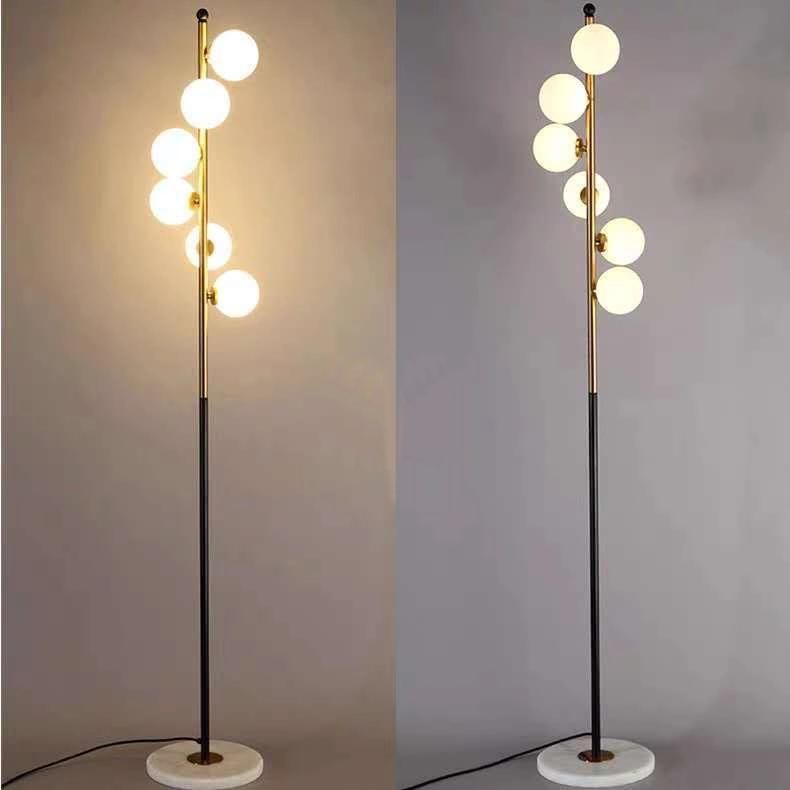 Nordic Design LED Creative Bedroom Living Room Lights Study Simple Post Floor Lamp with Modern Flexible 6 Lights Simple Indoor Floor Lamp Glass Ball