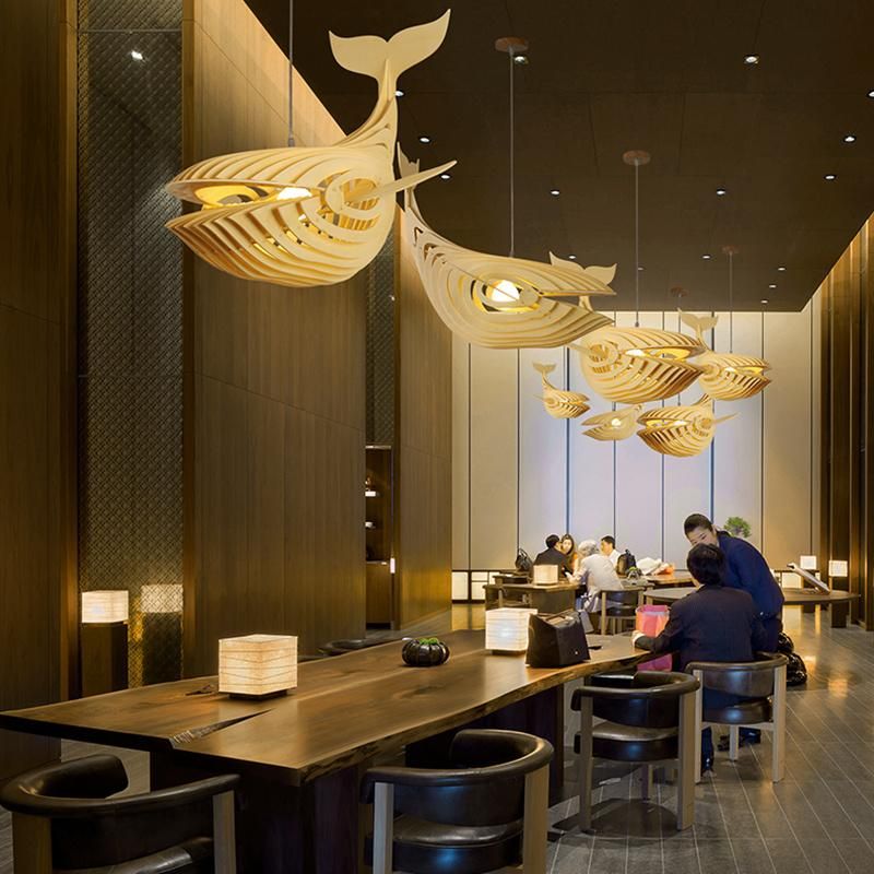 Wooden Whale Design Chandelier Restaurant Dining Room Pendant Lamp Light