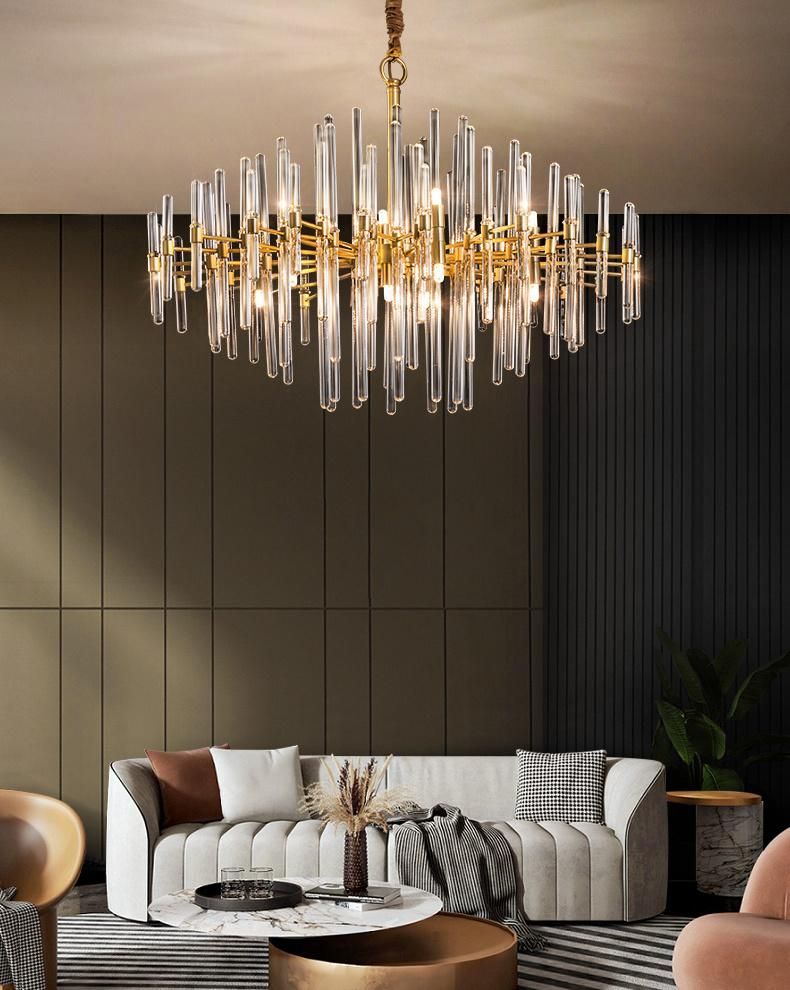 Luxury Post Modern Hotel Living Room Gold Chandelier with Clear Glass Rod