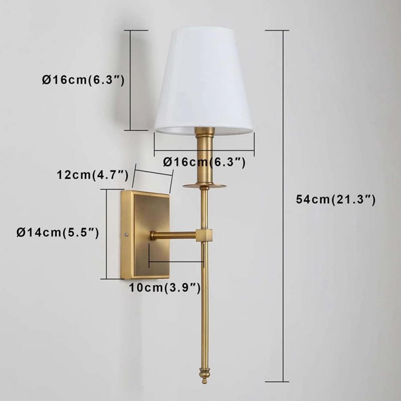 Classic Rustic Industrial Wall Sconce Lighting Fixture with Flared White Textile Lamp Shade and Antique Brass Tapered Column Stand