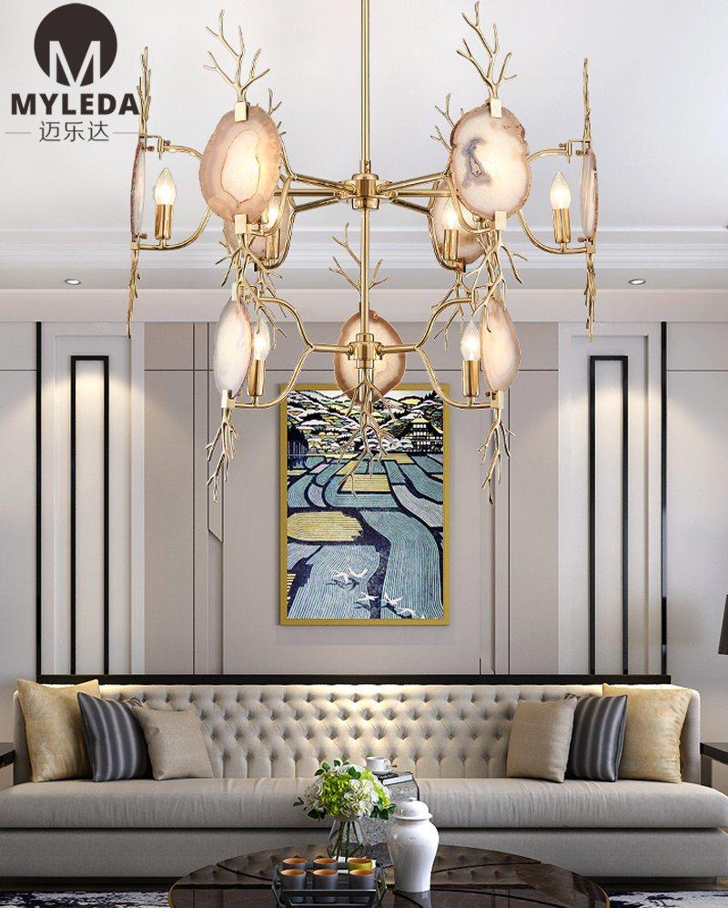 Modern Home Hanging Brass Agate Chandelier Pendant Lamp