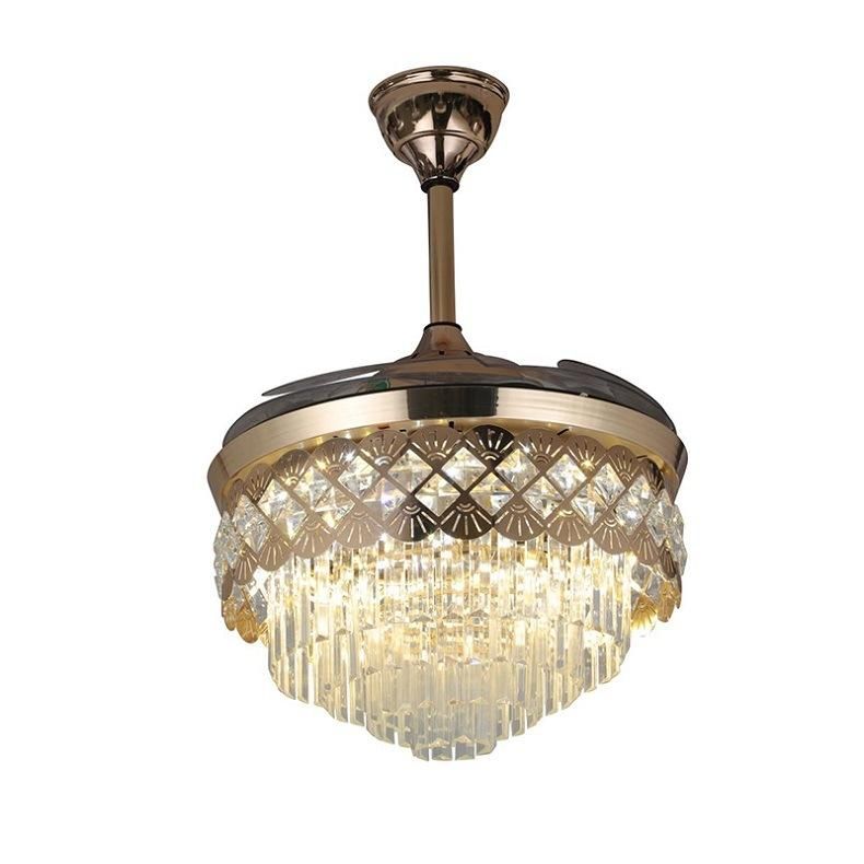 Luxury Crystal Gold Chandelier Reversible Invisible Retractable Ceiling Fan with Light