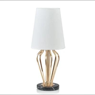 Golden Metal Hotel Modern Desk Table Lamp Light in Black Marble Base, with White Fabric Shade