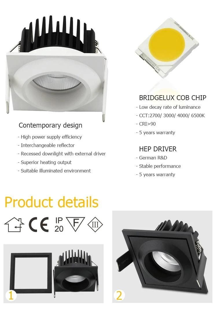 Hotel CCT 50mm Cut out Trimless Dimmable Anti Glare Down Light Square Antiglare COB Ceiling Recessed LED Downlight