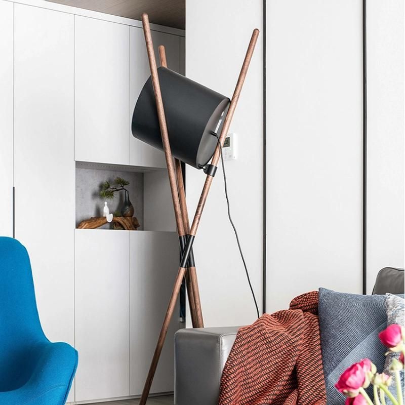 Designer Walnut Solid Wood Three Corner Table Lamp Nordic Lying Drum Model Room Creative Post Modern Three-Legged Leather Floor Lamp
