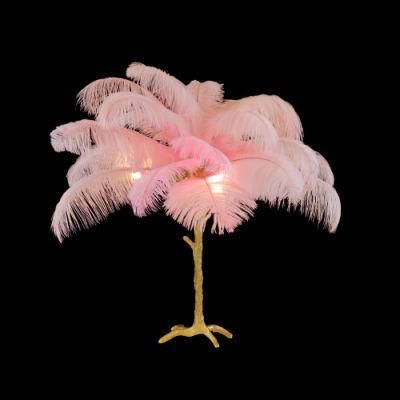 2022 Gold Copper Indoor Designer Decorative Ostrich Pink Feather Lights Bedroom LED Table Lamp