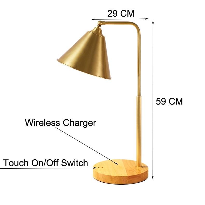 Jlt-9326 Brass Metal Shade Adjustable Table Lamp with Qi Wireless Charger & USB Charging Port for Mobile Phone