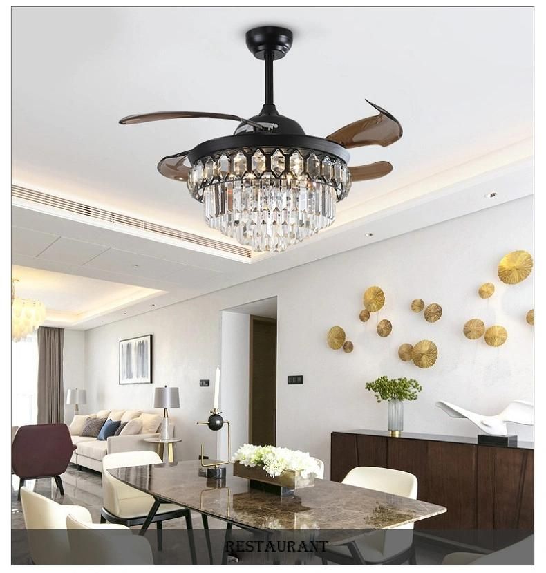 Modern New Dimmable 42inch Crystal Ceiling Fan with Lights Remote Invisible Retractable Chandelier Fan Light