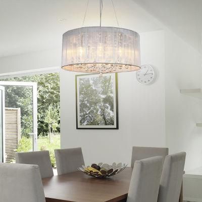 Contemporary Crystal Raindrop Cylinder Lamp Shade Chrome Iron Chandelier Modern Living Room