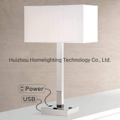 Jlt-Ht01 Modern Table Lamp White Rectangular Shade USB Port and AC Power Outlet in Base for Living Room Bedroom