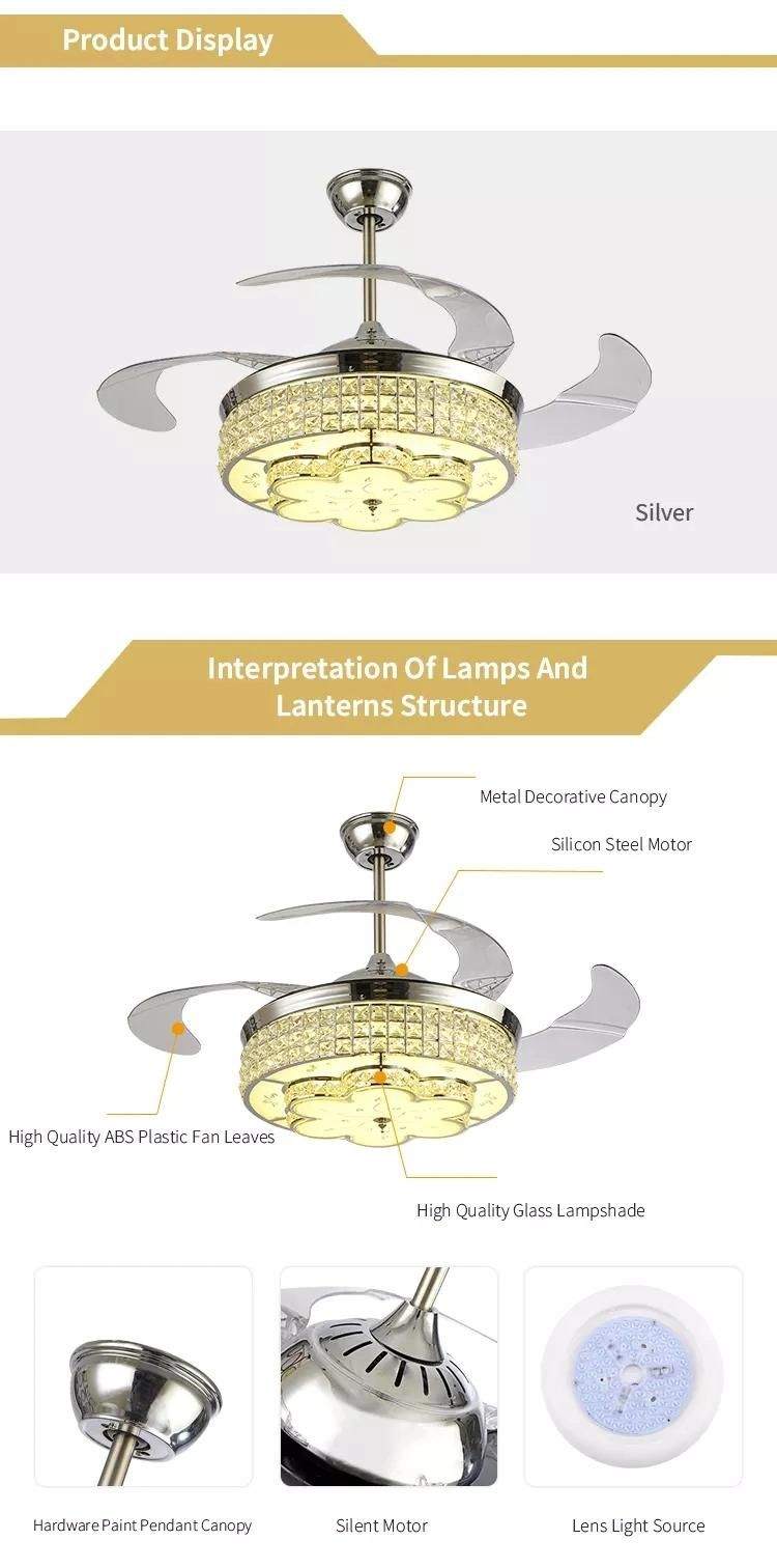 High Quality New Design 42 Inch Crystal Ceiling Fan LED Light with Invisible Blades