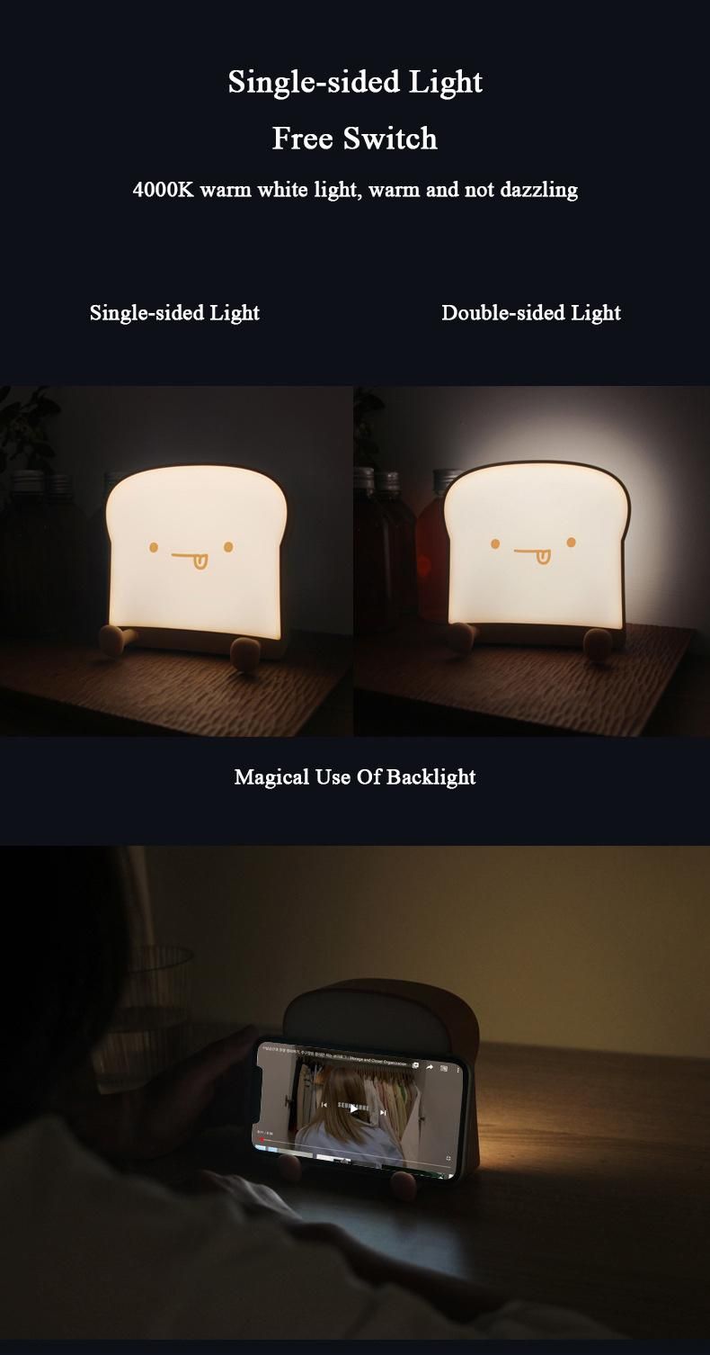 LED Bedroom USB Silicone Phone Stand Bedside Cartoon Cute Toast Night Light