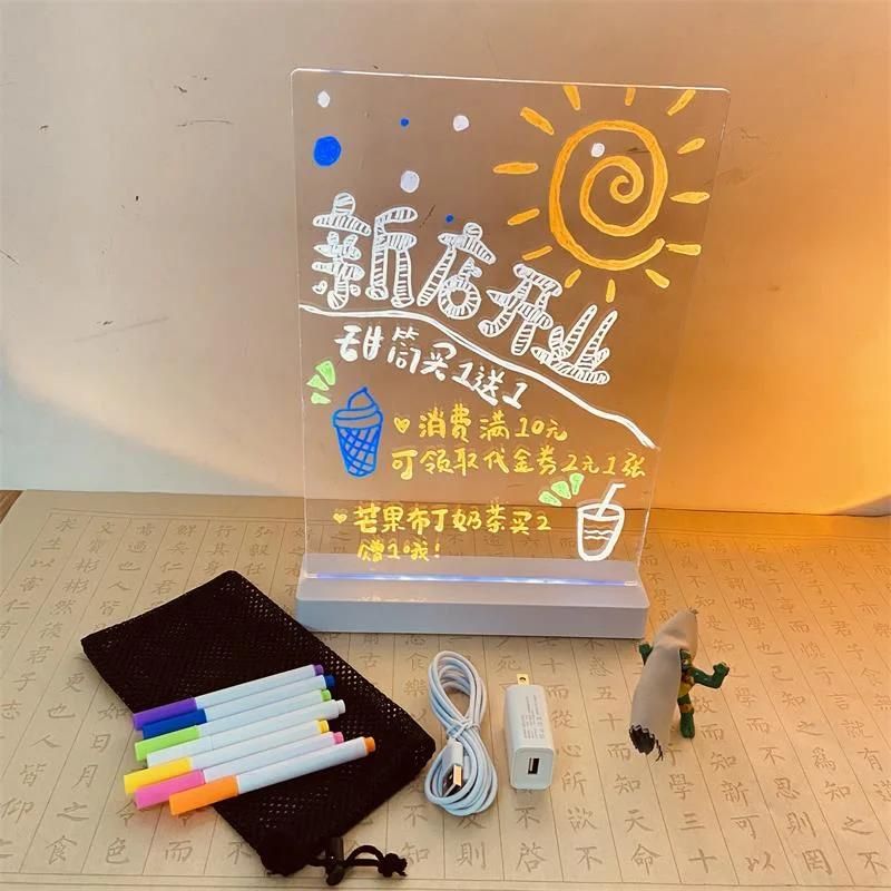 Desktop Acrylic Menu Board for Restaurant Advertising LED Table Lamp Memo Board Portable Writing Board Night Light Acrylic Stand