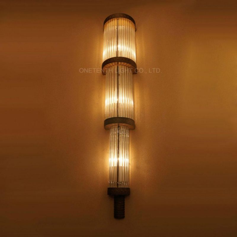 Glass Rods and Antique Brass Finish Three Layers Incandescent Wall Light